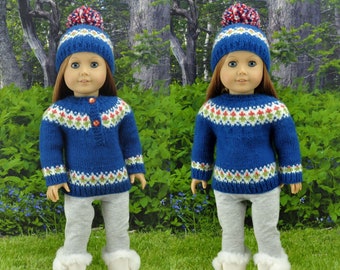 Doll clothes knitting pattern, PDF instant download, Fair isle seamless sweater and hat knitting pattern fits 18 in doll like American Girl