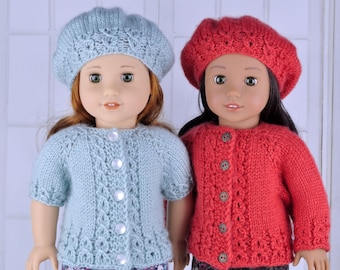 Doll clothes knitting PDF ENGLISH pattern Instant download. Cardigan and hat knitting pattern fits 18 inch doll like American Girl dolls.