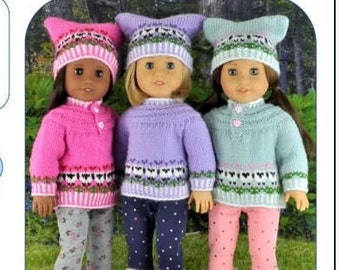 Doll clothes knitting pattern, PDF ENGLISH instant download Fair isle sweater and hat knitting pattern fits 18 inch doll like American Girl