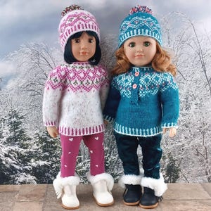 Doll clothes English knitting pattern, PDF instant download, Fair Isle seamless sweater and hat knitting pattern fits 18 in doll like AG