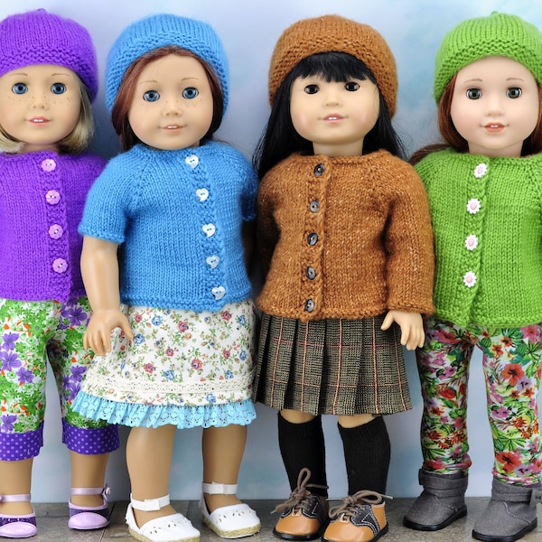 Doll clothes knitting PDF ENGLISH pattern Instant download. Cardigan and hat knitting pattern fits 18 inch doll like American Girl dolls