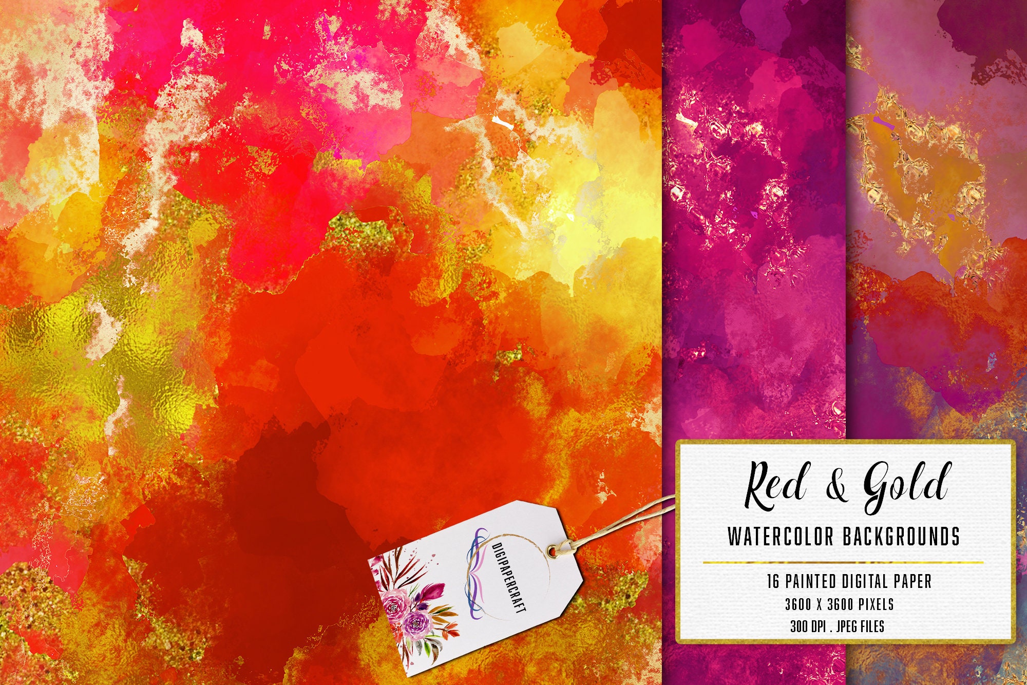 Red & Gold Watercolor Backgrounds. Glitter Shimmer Artwork. Sparkling