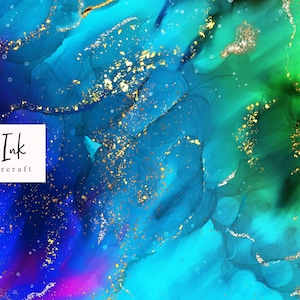 Papel digital com tinta alcoólica, arte com tinta fluida turquesa, tinta azul-petróleo e azul, papel com tinta alcoólica, textura de tinta com glitter, mármore com folha de ouro