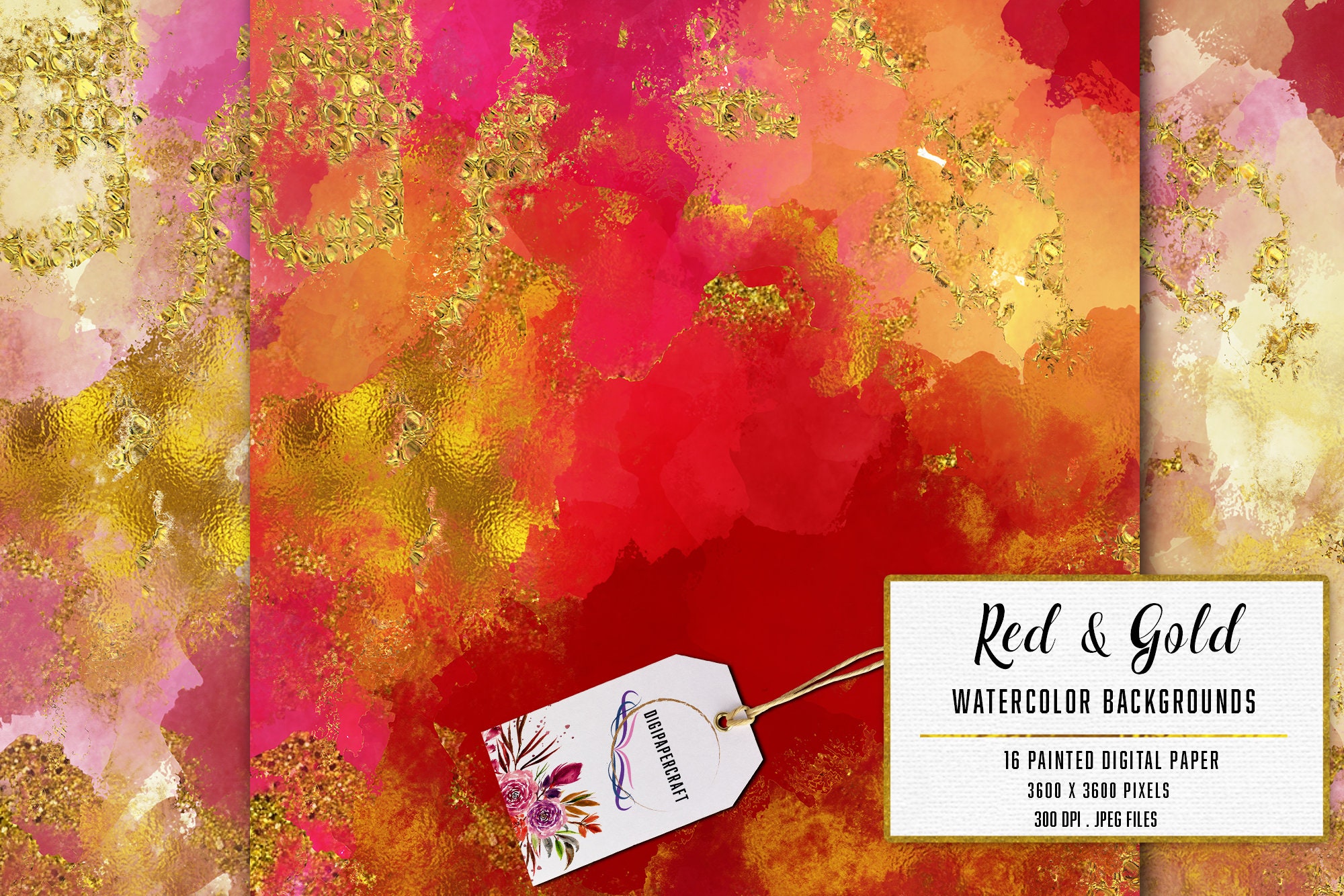 Red & Gold Watercolor Backgrounds. Glitter Shimmer Artwork. Sparkling