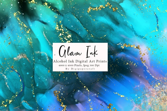 Alcohol Ink Digital Paper, Turquoise Fluid Ink Art, Teal and Blue Ink, Alcohol  Ink Paper, Ink Texture With Glitter, Gold Foil Marble 