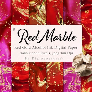 Red Marbled Ink Backgrounds, Alcohol Ink Digital Paper, Gold Liquid ink, fluid ink paper, Red Marbling Ink, Red Marble Digital Paper