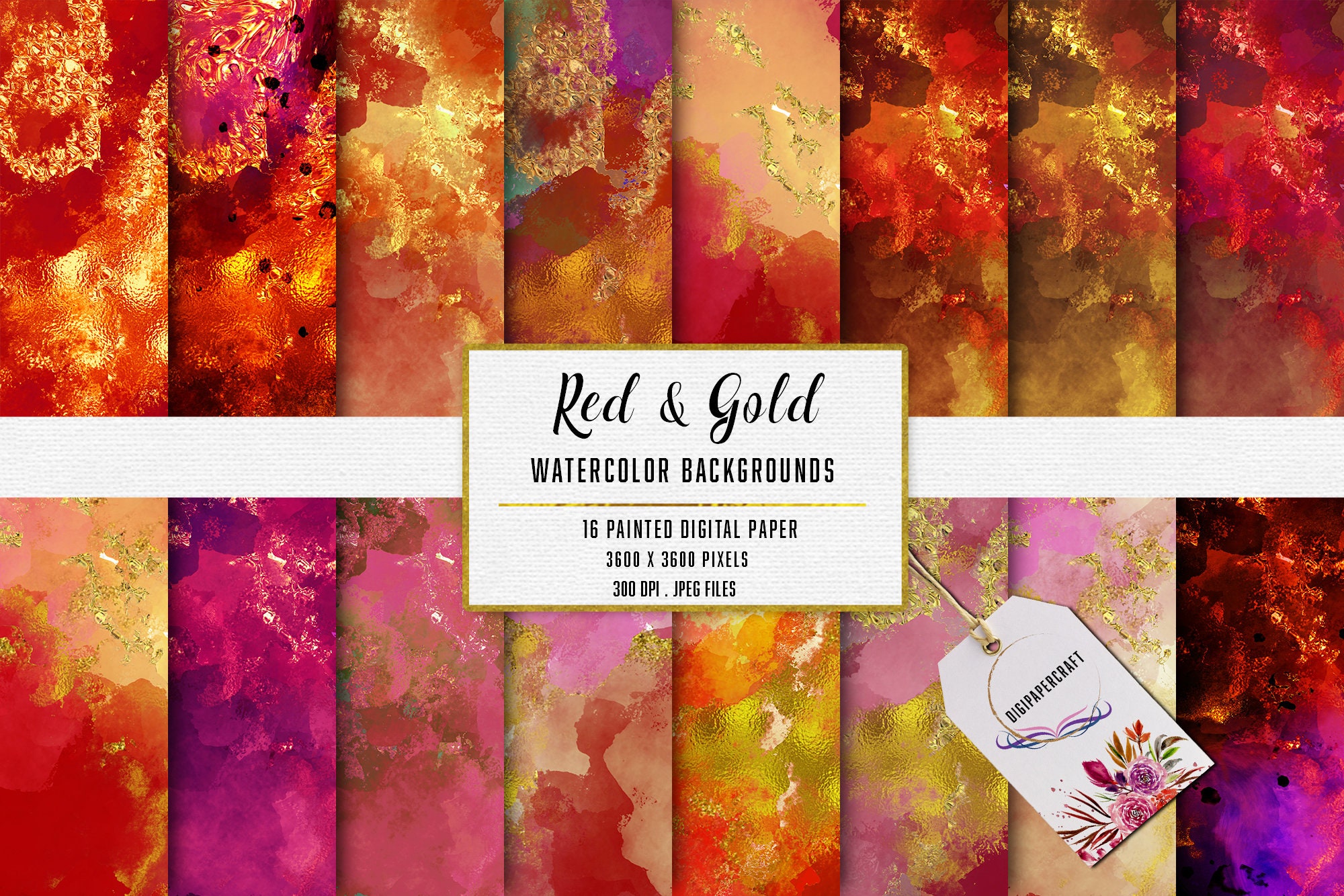 Red & Gold Watercolor Backgrounds. Glitter Shimmer Artwork. Sparkling