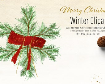 Watercolor Christmas Foliage Clipart, Winter Foliage clipart, png clipart, Christmas bow, Greenery clipart, Christmas Wreath foliage clipart
