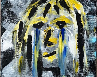 May include: Abstract painting of a face with yellow hair and black accents. The face has blue tears and is set against a black and white background. The artwork is on a canvas.
