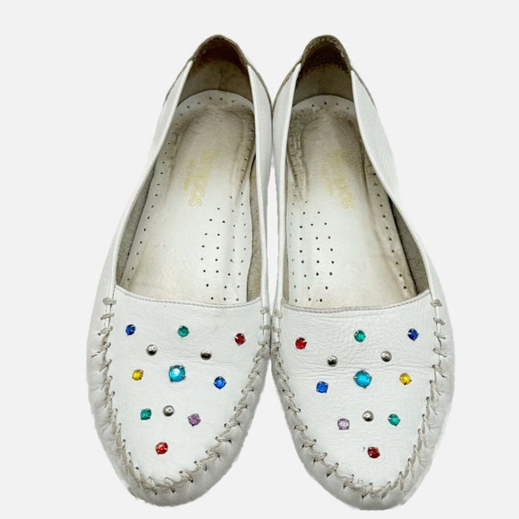 Vtg Tempos white leather colorful bedazzled rhine… - image 1