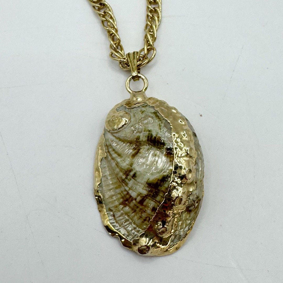 Vintage Gold Dipped Abalone Shell Long Necklace Coastal Beachy Bohemian ...