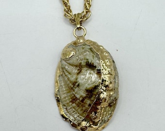 Vintage Gold Dipped Abalone Shell Long Necklace Coastal Beachy Bohemian 27