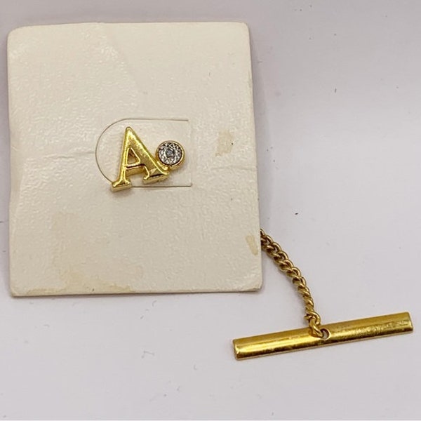 Vintage NEW gold tone letter A initial diamond chip tie tack