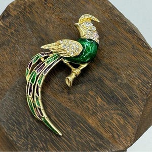 Vintage gold navy blue enamel and rhinestone bird of paradise brooch pin gold