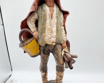 Sicilian Terracotta Nativity Village Figure Man With Wood Italian Hand Crafted