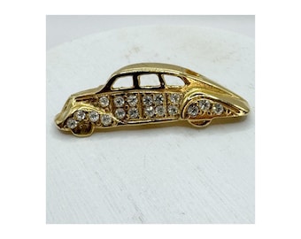 Vintage Classic Car Brooch Pin 1940s Style Retro Sedan Rhinestones Kitschy 2&quot;