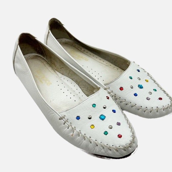 Vtg Tempos white leather colorful bedazzled rhine… - image 2