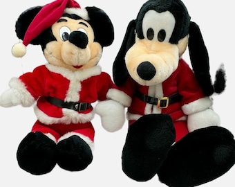 Vintage Mickey Mouse and Goofy Santa Claus plush stuffed toys Christmas decor