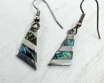 Vintage Abalone Shell Inlay Alpaca Mexico Silver Earrings Southwest Boho