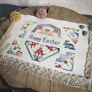 Mini Quaker Sampler Cross Stitch Pattern, Easy Cross Stitch Chart, Happy Easter Sampler Small Cross Stitch Embroidery, Instant Download PDF