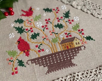 Christmas Vase Cross Stitch Pattern, X Stitch Chart, Сardinal Birds Quaker Sampler, Small Xmas Cross Stitch Embroidery, Instant Download PDF