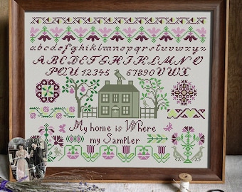 House Sampler Cross Stitch Pattern, X Stitch Chart, Alphabet Embroidery Design, PDF Download