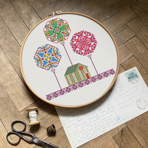 House in Summer Sampler Cross Stitch Pattern, Easy Counted Cross Stitch Chart, Small Multicolored X Stitch Embroidery, Instant Download PDF