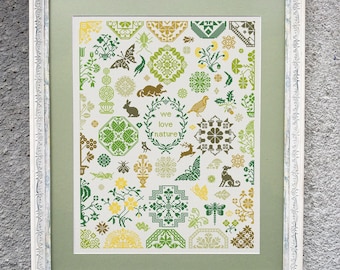 We Love Nature Cross Stitch Pattern, Cross Stitch Cahrt, Quaker Sampler Cross Stitch Embroidery, Animals Cross Stitch, Instant Download PDF