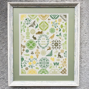 We Love Nature Cross Stitch Pattern, Cross Stitch Cahrt, Quaker Sampler Cross Stitch Embroidery, Animals Cross Stitch, Instant Download PDF