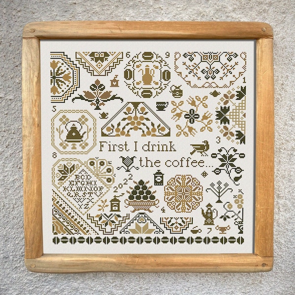 Eerst drink ik de koffie Quaker Sampler Kruissteekpatroon, X-stekentabel, pdf-download