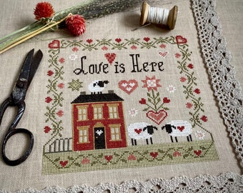 Love is Here Sampler Cross Stitch Pattern, Easy Counted Cross Stitch Chart, Primitive Cross Stitch Embroidery, Instant Download PDF