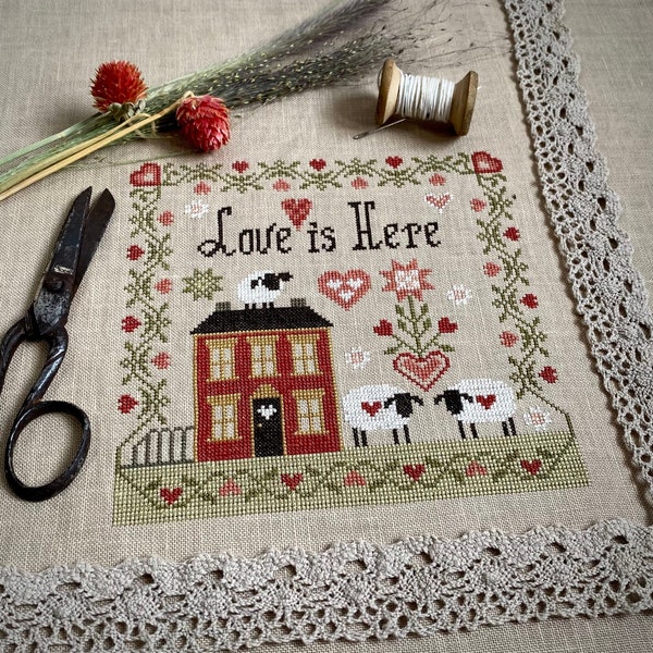 Love is Here Sampler Cross Stitch Pattern, Easy Counted Cross Stitch Chart, Primitive Cross Stitch Embroidery, Instant Download PDF