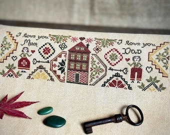 I Love You Mum & Dad Quaker Sampler Cross Stitch Pattern, X Stitch Chart, DIY Pin Drum Xstitch, PDF Download