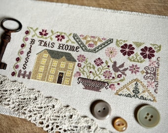 Patrón de punto de cruz "Bendice este hogar" Mini Quaker Sampler, gráfico de puntos en X contados, descarga en PDF.