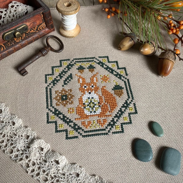 Little Squirrel Cross Stitch Pattern, Easy Counted Cross Stitch Chart, Tiny Quaker Children's Cross Stitch Embroidery, Instant Download PDF