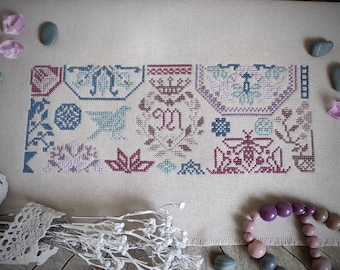 Mini schema punto croce Quaker Sampler, ricamo folk vintage, download immediato in PDF