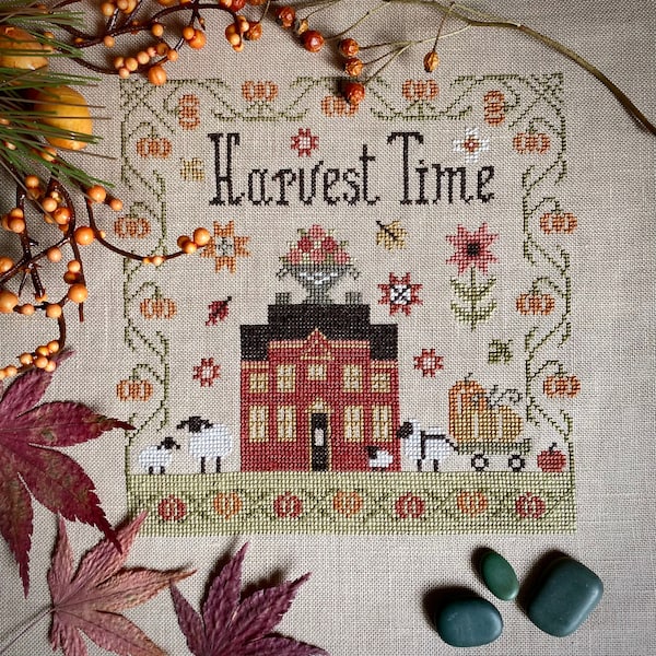 Harvest Time Sampler Cross Stitch Pattern, Easy Counted Cross Stitch Chart, Primitive Cross Stitch Embroidery, Instant Download PDF