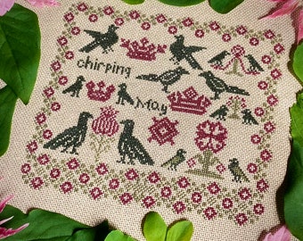 Chirping Birds Cross Stitch Pattern, Spring Sampler, Instant Download PDF