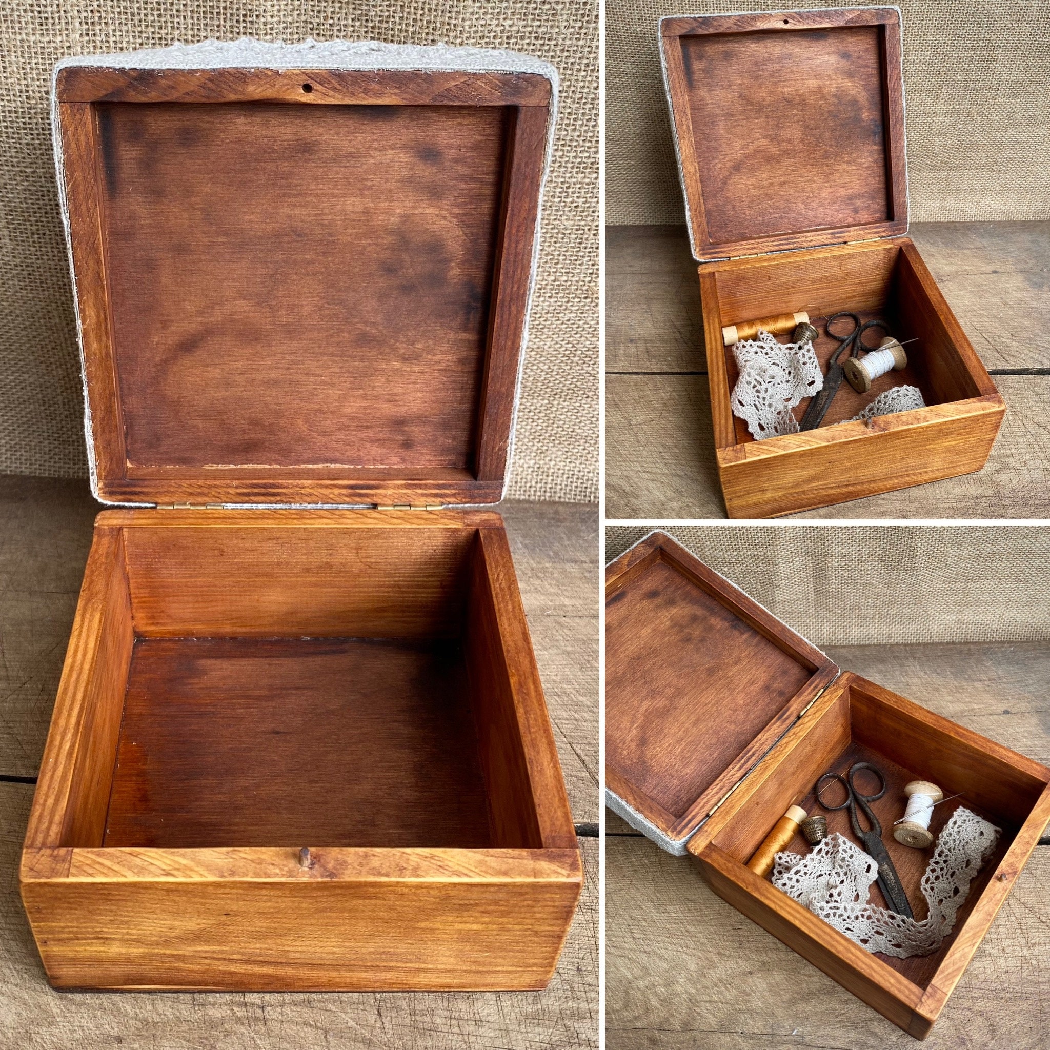 クロスステッチ刺繍で装飾された木箱、ヴィンテージクロスステッチ装飾