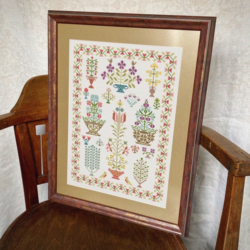 Antique Floral Sampler Cross Stitch Pattern Easy Counted Etsy