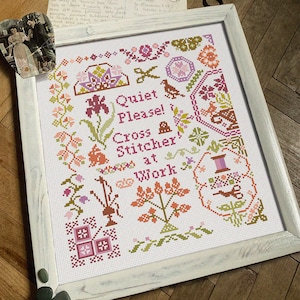Cross Stitcher At Work Mini Quaker Sampler Cross Stitch Pattern, Cross Stitch Chart, Multicolored X Stitch Embroidery, Instant Download PDF