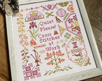 Cross Stitcher At Work Mini Quaker Sampler Cross Stitch Pattern, X Stitch Chart, PDF Download