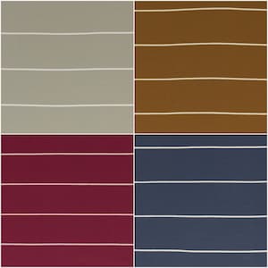May include: Four fabric swatches with white stripes on different coloured backgrounds. The swatches are arranged in a grid pattern. The top left swatch is light grey, the top right swatch is brown, the bottom left swatch is burgundy, and the bottom right swatch is navy blue.