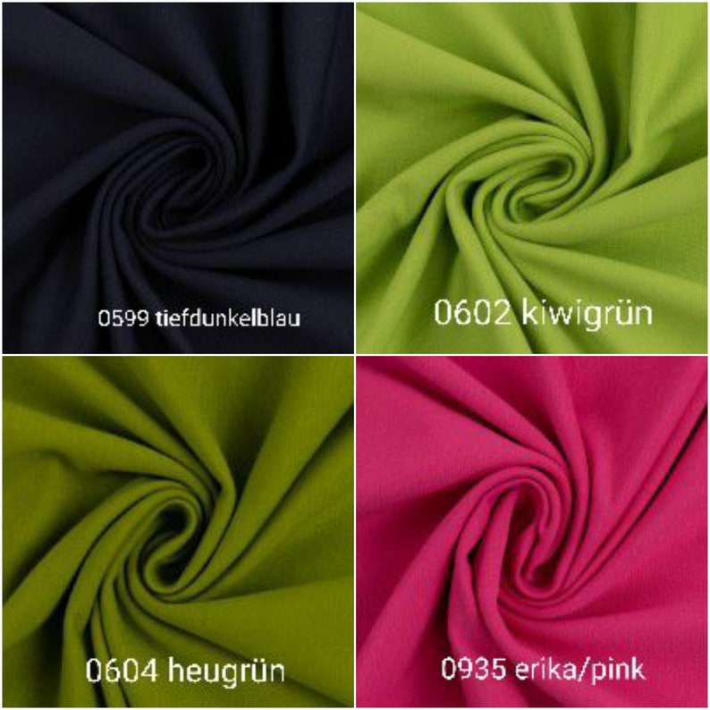 Puede incluir: Cuatro muestras de tela en diferentes colores: azul oscuro, verde lima, verde oliva y rosa intenso. Cada muestra est&aacute; doblada y retorcida para mostrar la textura de la tela. Las muestras est&aacute;n etiquetadas con nombres de colores y n&uacute;meros.