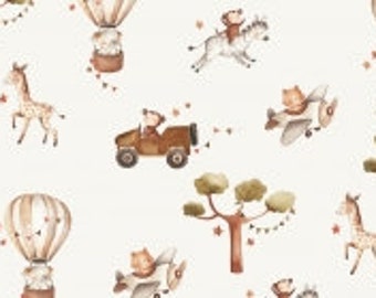 May include: A white fabric with a repeating pattern of brown and beige animals, hot air balloons, and trees. The animals include a giraffe, a monkey, and a bear. The hot air balloons have a brown basket and a beige balloon. The trees are brown with green leaves. The pattern is on a white background.