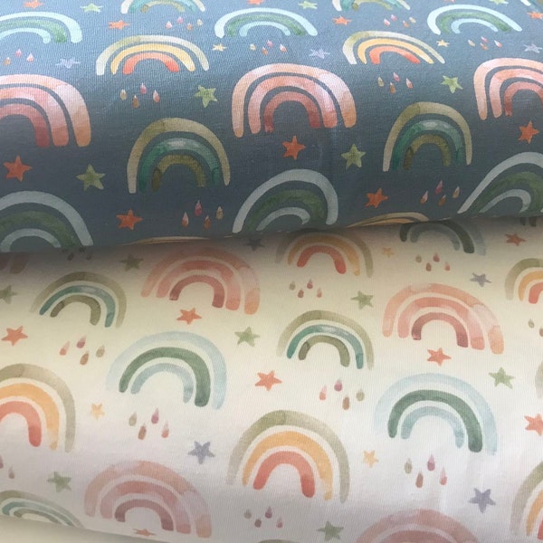 REMANENTE Jersey de 0,9 m * Arcoíris * Diseño - Fräulein by Julie en azul humo o crudo 145 cm de ancho