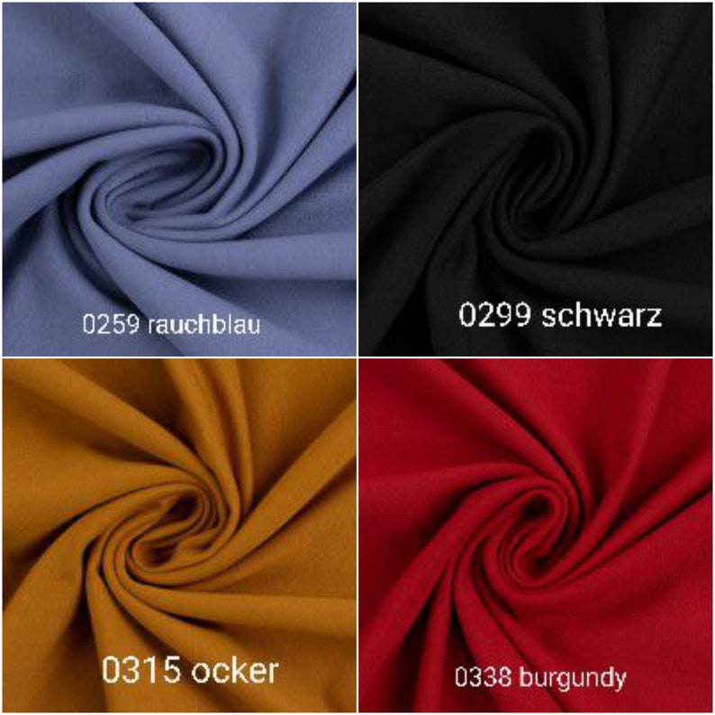 Puede incluir: Cuatro muestras de tela en diferentes colores: azul ahumado, negro, amarillo mostaza y burdeos. La tela est&aacute; doblada en forma de espiral. Las muestras est&aacute;n etiquetadas con n&uacute;meros y nombres de colores: 0259 rauchblau, 0299 schwarz, 0315 ocker, 0338 burgundy.