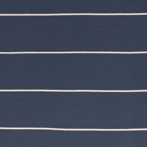 May include: A blue fabric with white horizontal stripes. The fabric has a subtle texture.