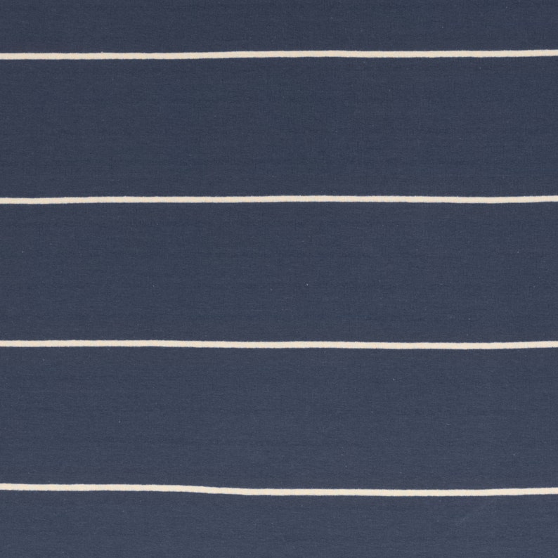 May include: A blue fabric with white horizontal stripes. The fabric has a subtle texture.
