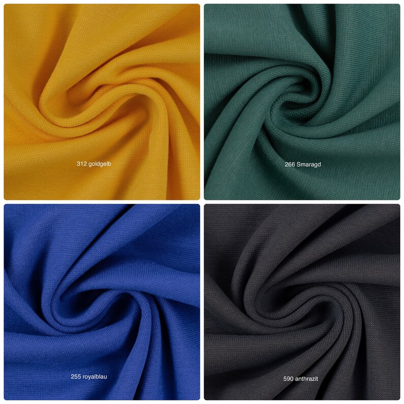 Puede incluir: Cuatro muestras de tela en diferentes colores: dorado, verde, azul y gris. Las muestras est&aacute;n dobladas y muestran la textura de la tela.